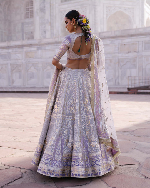 Tiffany Wispy Cloud Grey-Based, Golden Chrome Applique Lehenga Set