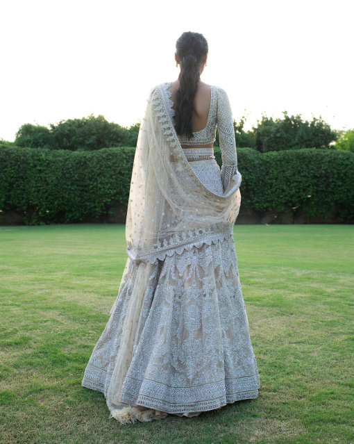 Lune Light Beige Lehenga Set Handcrafted With Silk Threadwork