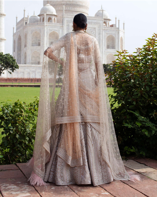 Bijou Beige-Based Lehenga Set Handcrafted With Metal Threadwork