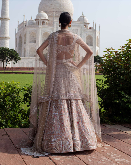 Anastasia Beige Lehenga Set Handcrafted With Metal Threadwork