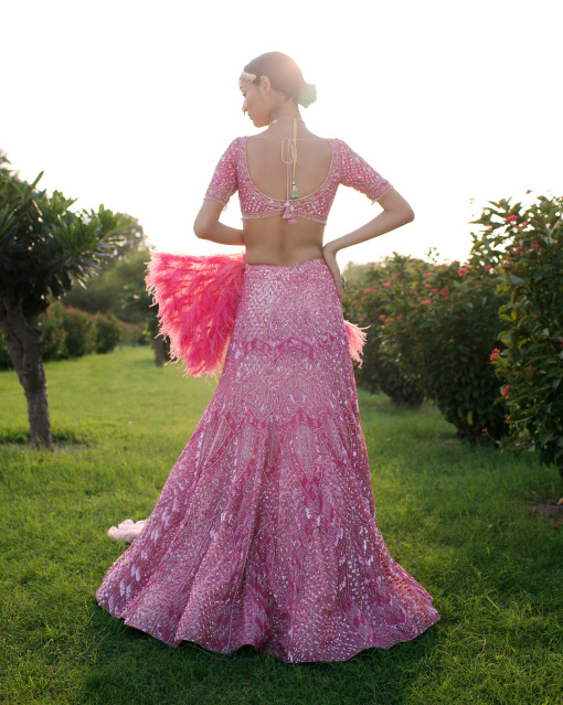 Axelle Bubble-Gum Pink Lehenga Set Handcrafted With Sequins