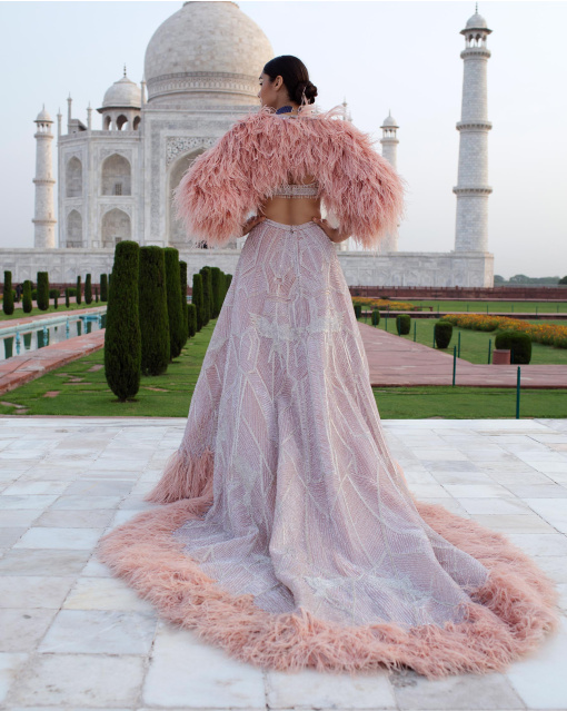 Desiree Peach Trail Lehenga Set Handcrafted With Sequins