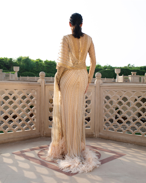 Tempeste Light Beige Based Handcrafted Saree Gown