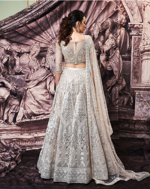 Melanie Beige, Tulle Lehenga Set With Golden Foil