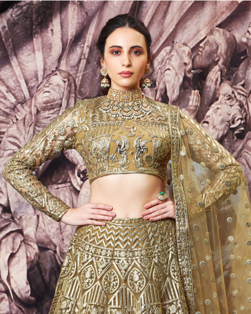 Regina Olive Green, Golden Foil Lehenga Set