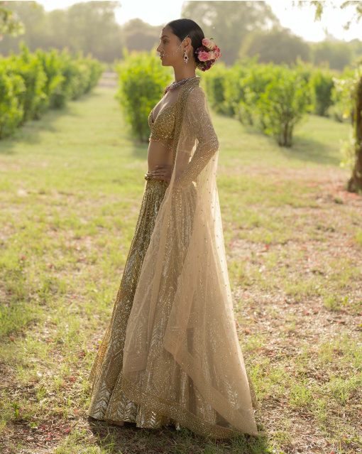 Aude Light Gold Lehenga Set Encrusted With Sequins