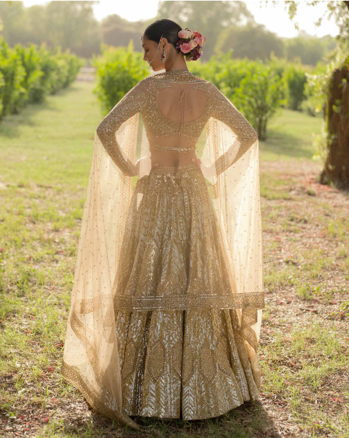 Aude Light Gold Lehenga Set Encrusted With Sequins