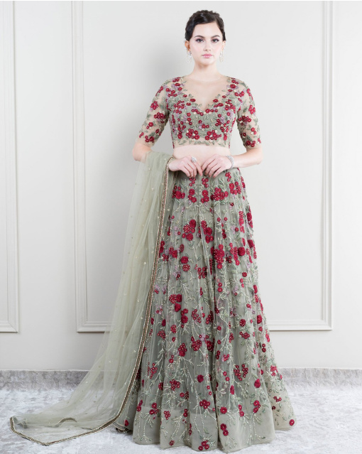 Linda Sea Green Red Resham Flower Lehenga