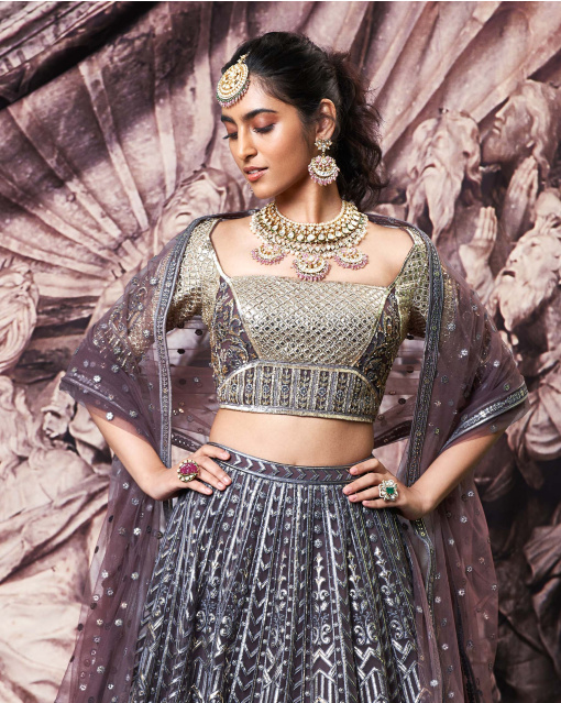 Skye Dark Mauve, Golden Foil Lehenga Set