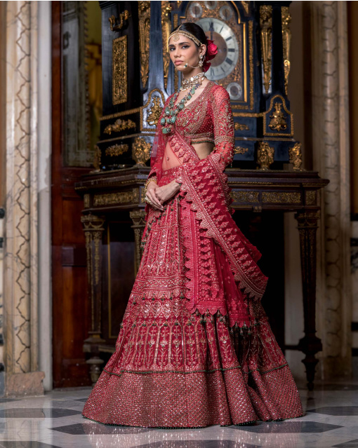 Freya Fiery Red Lehenga Set With Golden Floral Embroidery