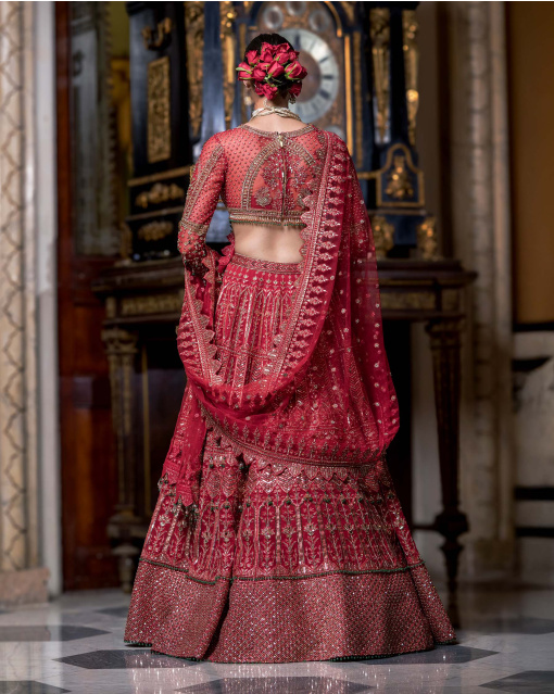 Freya Fiery Red Lehenga Set With Golden Floral Embroidery