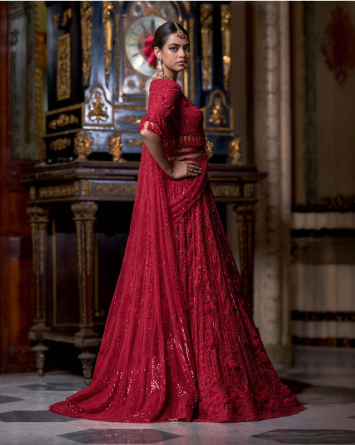 Zelia Fiery Red Lehenga Set With Floral Embroidery & Tassels