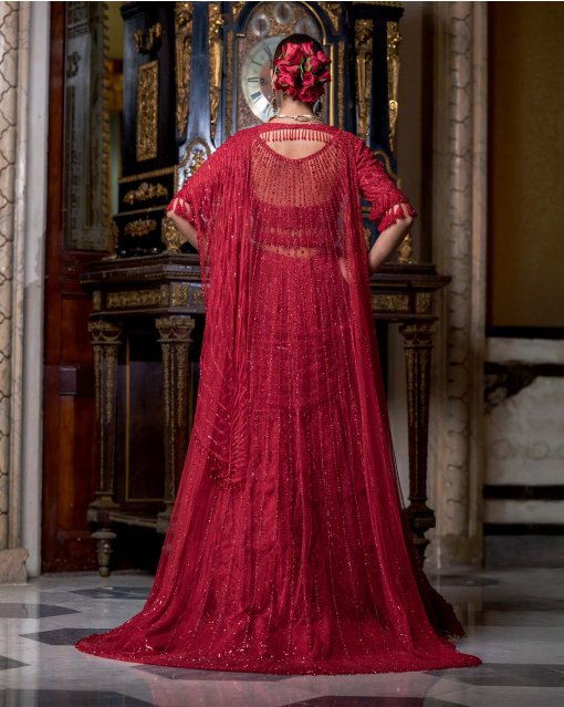 Zelia Fiery Red Lehenga Set With Floral Embroidery & Tassels