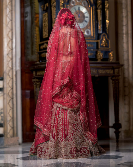 Corsica Fiery Red Lehenga Set With Intricate Golden Threadwork Details