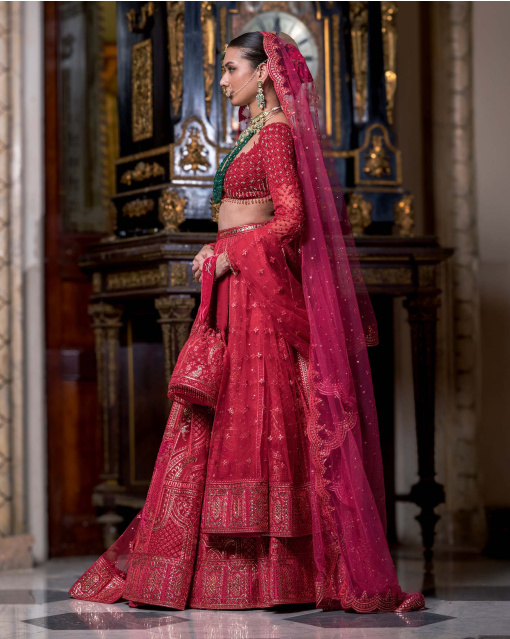 Rochelle Pompeian Red Lehenga Set With Golden Chrome Applique Details