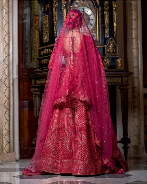 Rochelle Pompeian Red Lehenga Set With Golden Chrome Applique Details