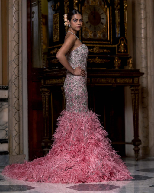 Tiphaine Pink Feather & Crystal Mermaid Gown