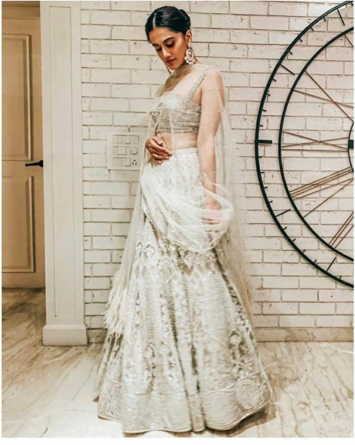 Taapsee Pannu in a Falguni Shane Peacock Silver Lehenga with Silk Threadworks