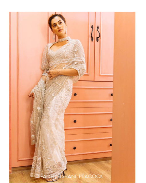 Taapsee Pannu in a Custom Ivory Saree with Handcrafted Blouse.