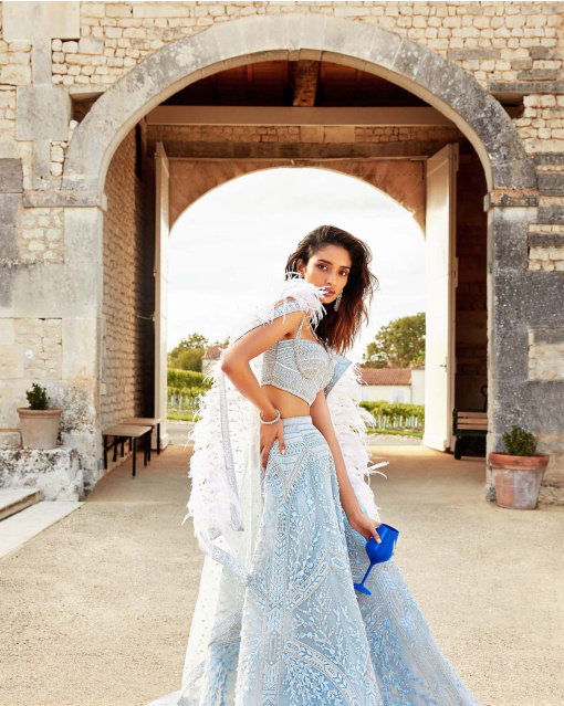 Powder blue, foliage encrusted trail lehenga