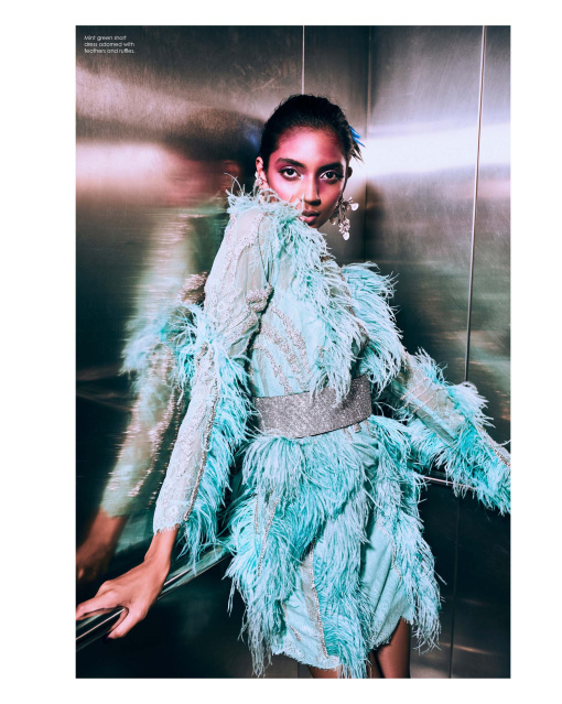 Mint Green Short Dress Adorned With Feathers