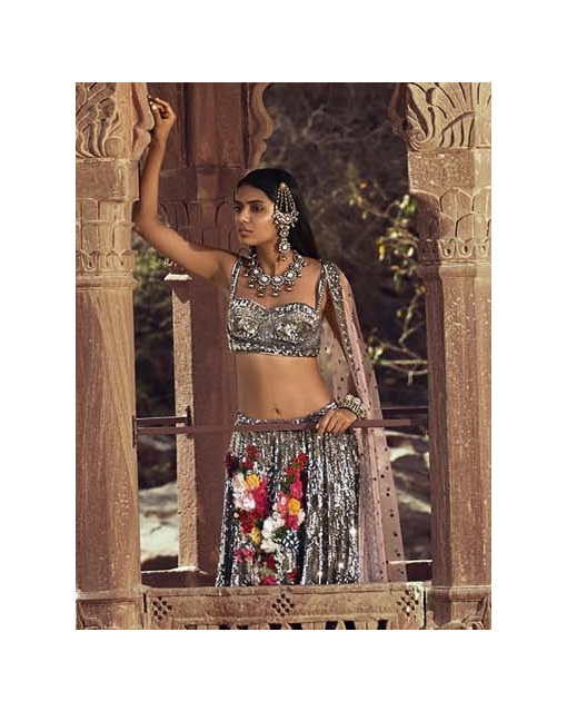 Gunmetal-hued floral embroidered Lehenga
