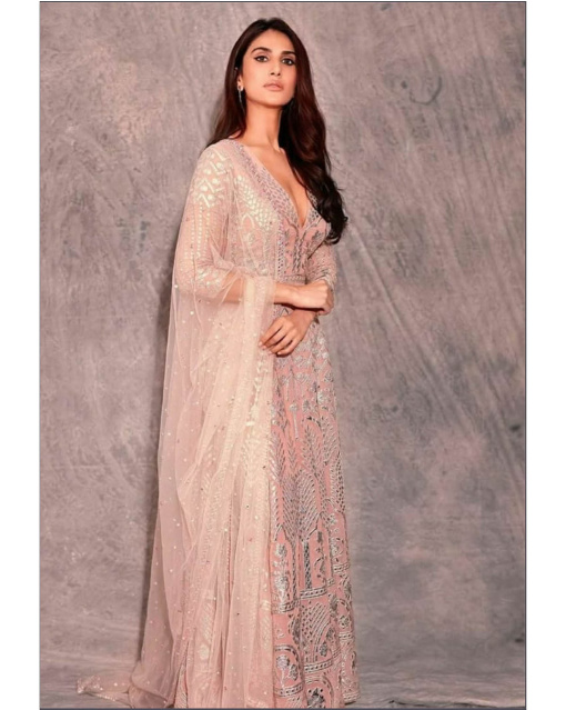Vaani Kapoor Pink & Silver Foil Anarkali with Silk Threadworks Sheer Dupatta