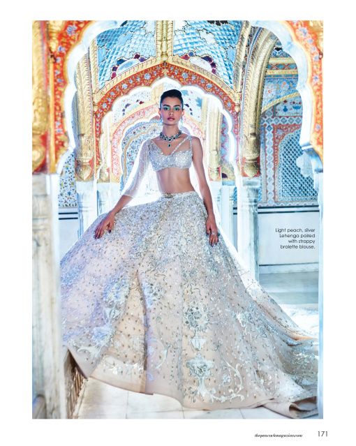 Light peach, silver Lehenga paired with strappy bralette blouse