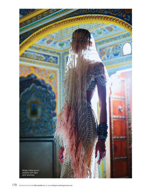 Beige saree-gown replete with light pink feathers