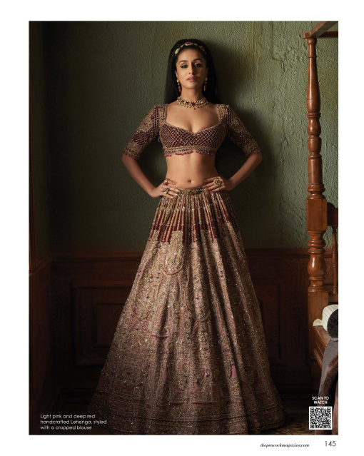 Shraddha Kapoor Light pink and deep red handcrafted Lehenga