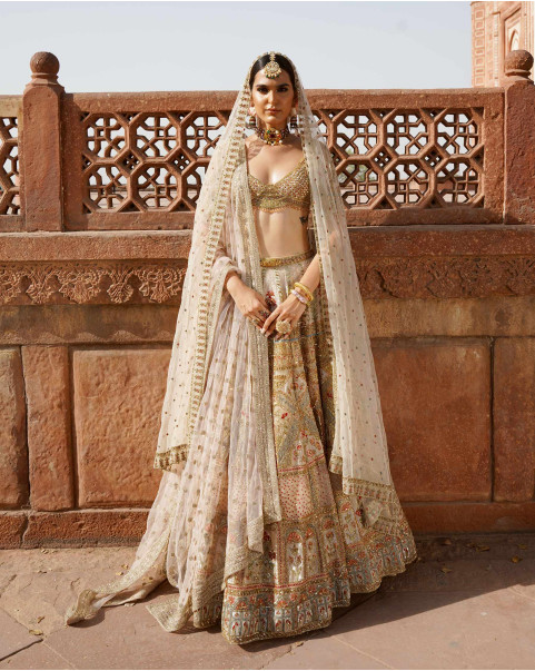 Buy Brown Georgette Paisley Pattern Chikankari Bridal Lehenga Set For Women  by Sawan Gandhi Online at Aza Fashions.