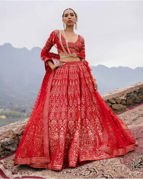Red Bridal Pearl Embroidered Wedding Lehenga Choli