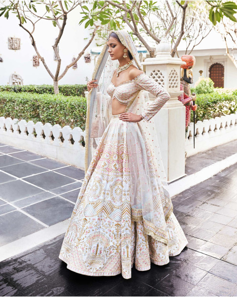 Buy Powder Blue Gauri Bridal Lehenga Set - Falguni Shane Peacock