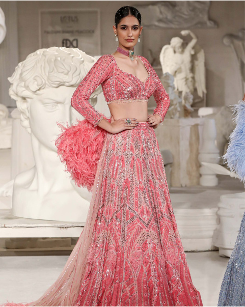 Josephine Lehenga Set Deep Blush Architectural Motifs Feathered