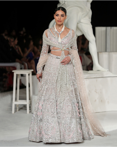 Julietta Lehenga Set Light Pink Silver Architectural Foliage Motifs