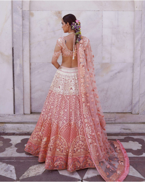 Myra Coral Ombre Lehenga Set With Foliage