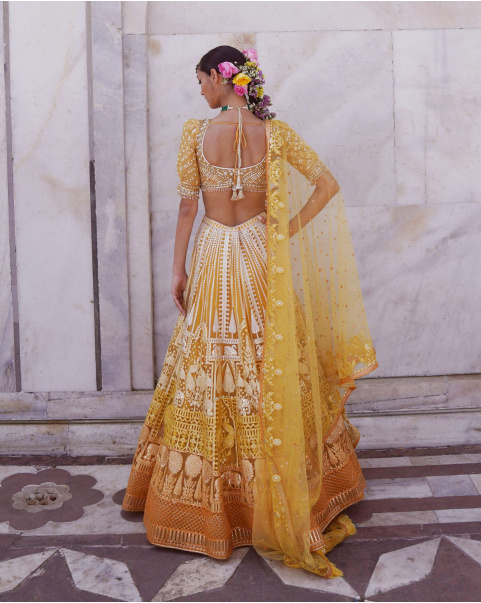 Nadia Marigold Yellow, Ombre Lehenga Set With Tulle Dupatta