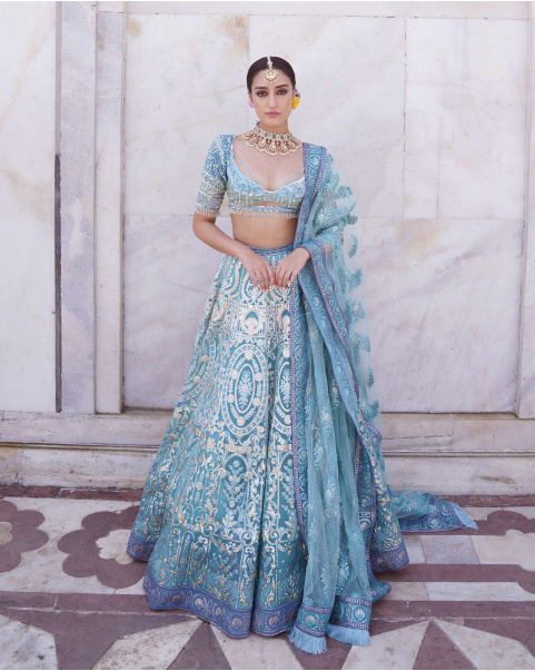 Natasha Sky Blue, Ombre Lehenga Set With Foliage Motifs