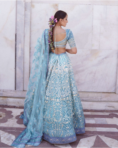 Natasha Sky Blue, Ombre Lehenga Set With Foliage Motifs