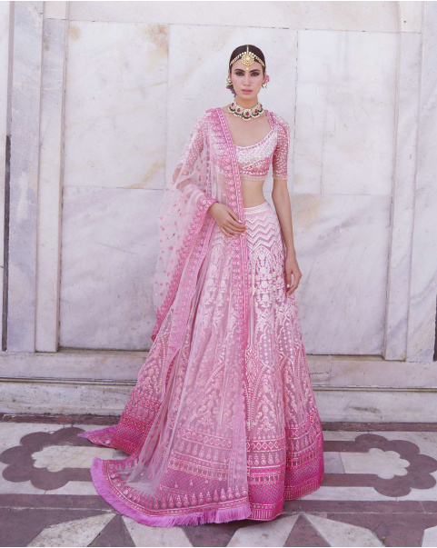 Meadow Lush Pink, Ombre Lehenga Set In Light Silver Chrome Applique.