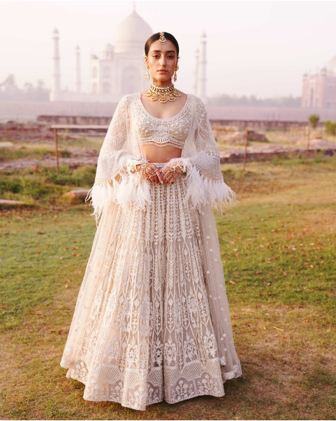 Tatiana Light Beige-Based, Ivory Lehenga Set With Intricate Ivory Threadwork