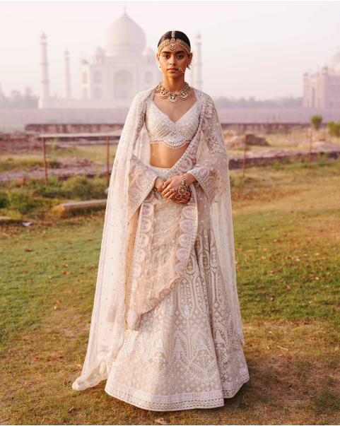 Tara Light Beige-Based, Ivory Lehenga Set With Foliage Motifs