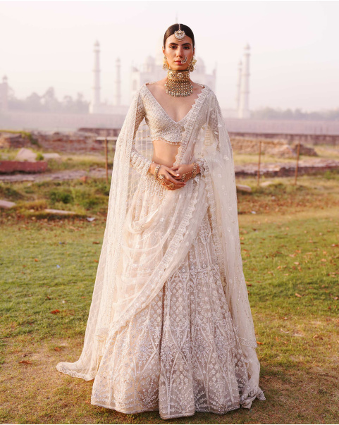 Sydney Light Beige-Based, Ivory Lehenga Set With Crystals And Beads.