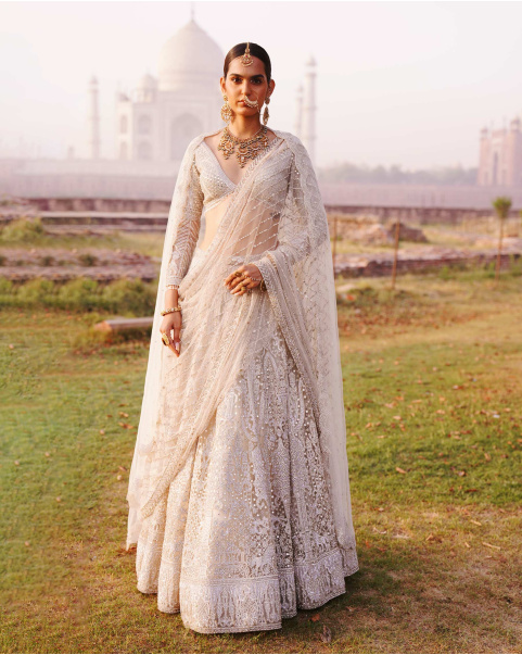 Sloane Light Beige-Based, Silver Lehenga Set With Tassel Details