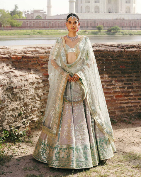 Roselyn Light Mauve-Based, Light Gold Chrome Applique Lehenga Set