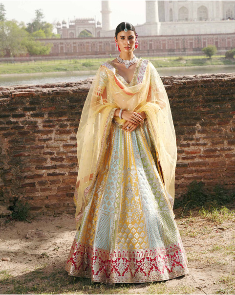 Rosa Multicoloured, Light Gold Chrome Applique Lehenga Set