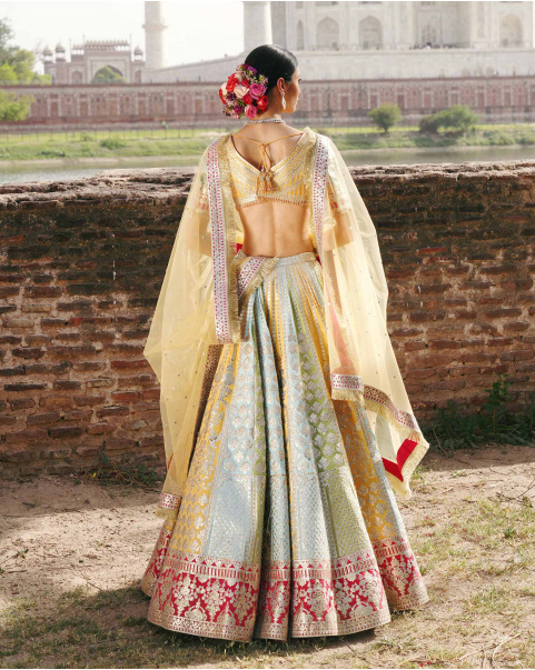 Rosa Multicoloured, Light Gold Chrome Applique Lehenga Set