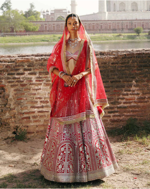 Rivka Ruby Red, Light Gold Chrome Applique Lehenga Set