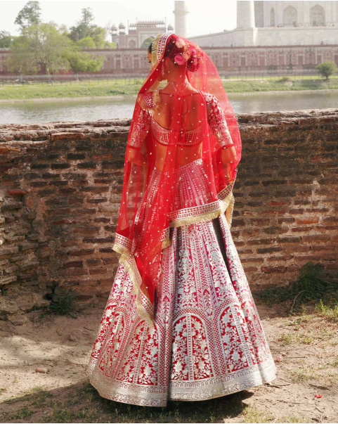 Rivka Ruby Red, Light Gold Chrome Applique Lehenga Set