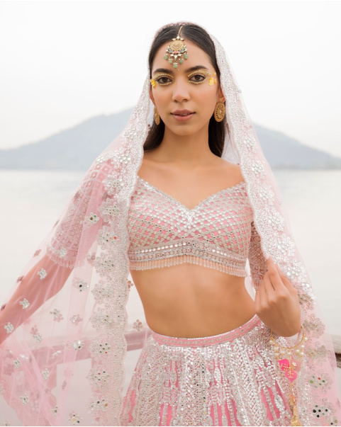 Anaya Conch Shell Pink Lehenga Set With Chrome Applique
